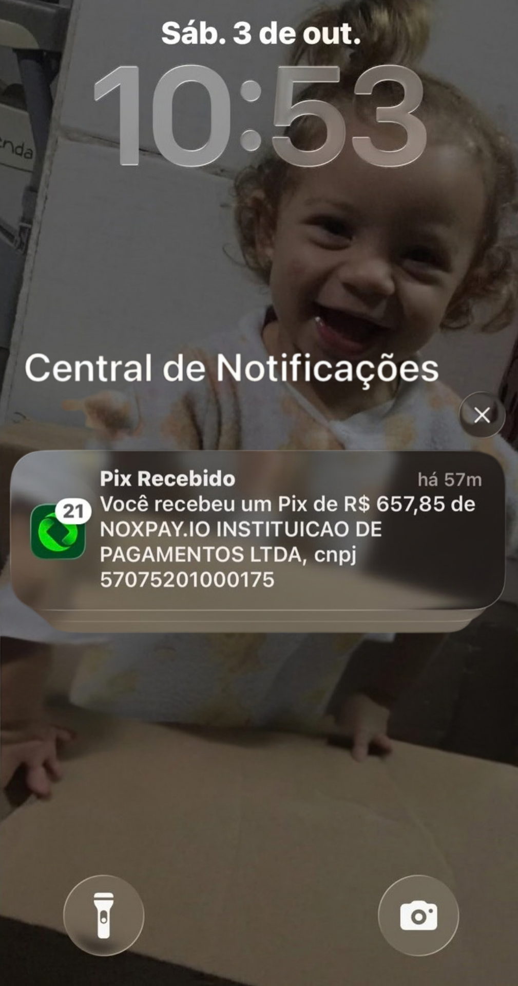 Notificação de PIX recebido de R$ 657,85