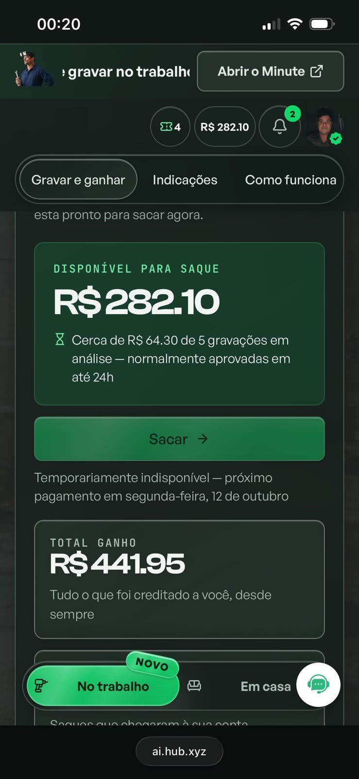 Painel da plataforma mostrando R$ 282,10 disponíveis para saque