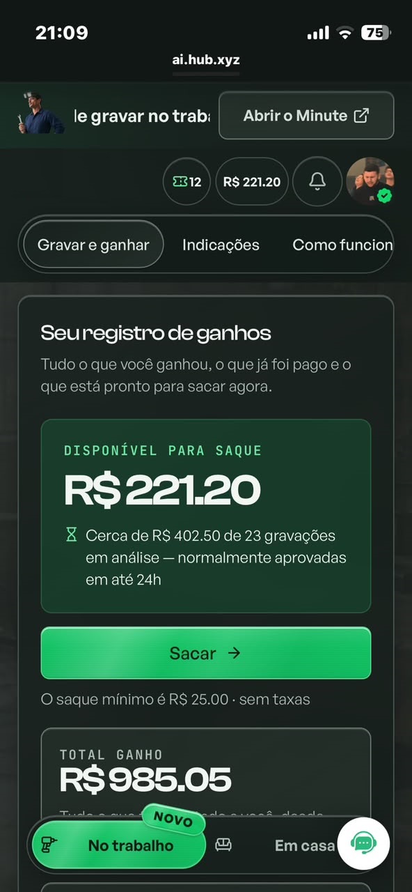 Painel da plataforma mostrando R$ 221,20 disponíveis para saque